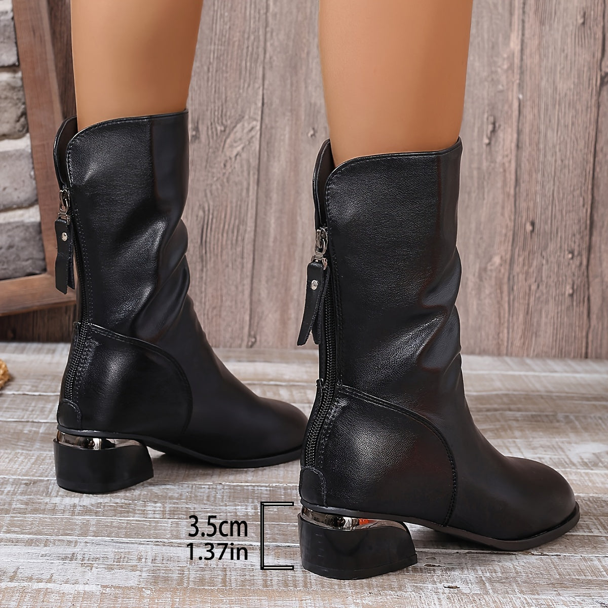 Women's Mid-Calf Leather Boots with Zipper Low Heel Chunky Sole
