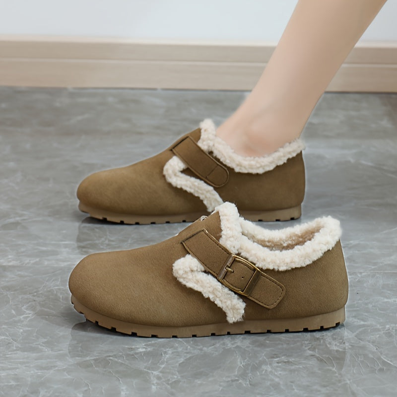 Women's Flannel-Lined Ankle Booties Casual Flat Heel Buckle Closure