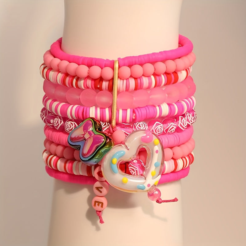 Pink Resin Beaded Bracelet with Heart and Butterfly Charms for Women