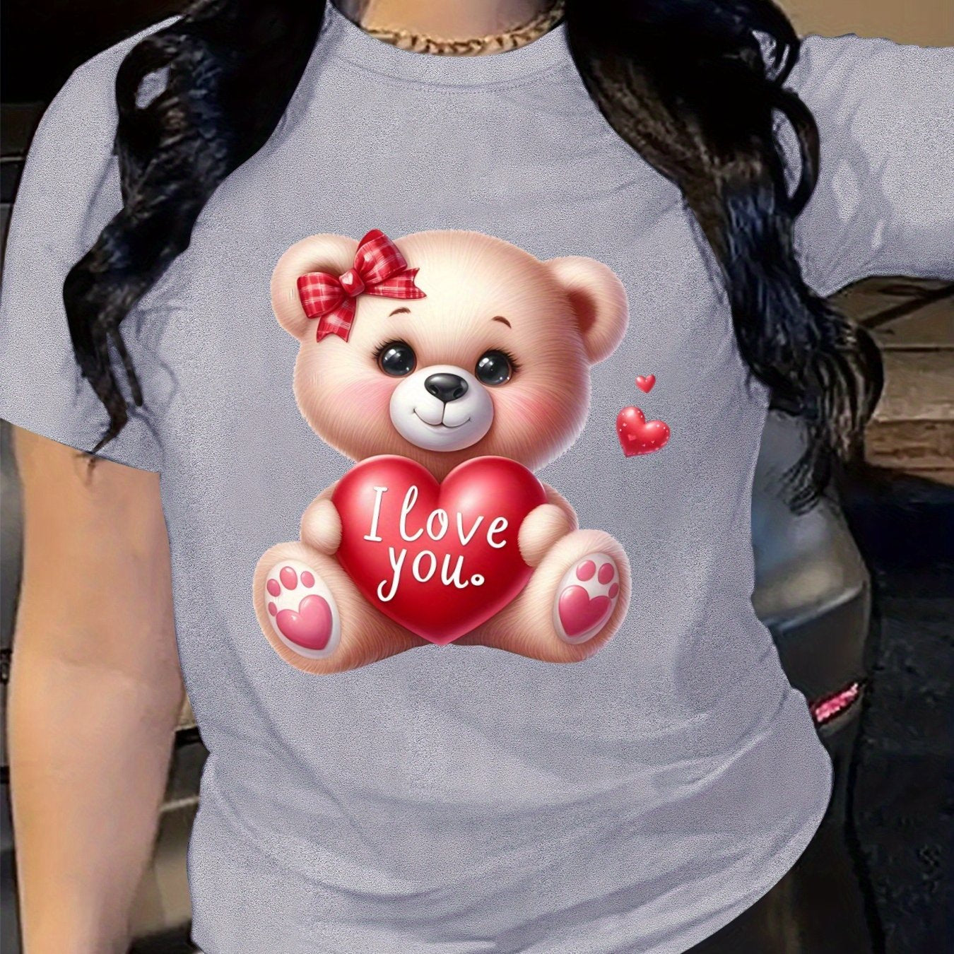 Plus Size Women's Loose Fit T-Shirt with Cartoon Bear and Heart Print