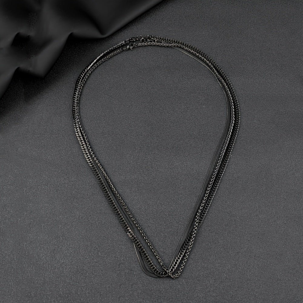 Set of 3 Black Stainless Steel Necklaces for Men Punk Gothic Chain Jewelry
