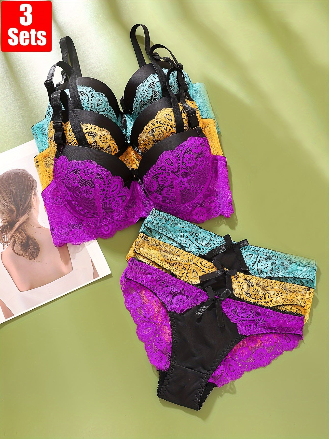 Women's Lace Lingerie Set with Push-Up Bra and Low-Rise Briefs in Breathable Nylon