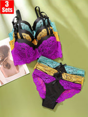 Women's Lace Lingerie Set with Push-Up Bra and Low-Rise Briefs in Breathable Nylon