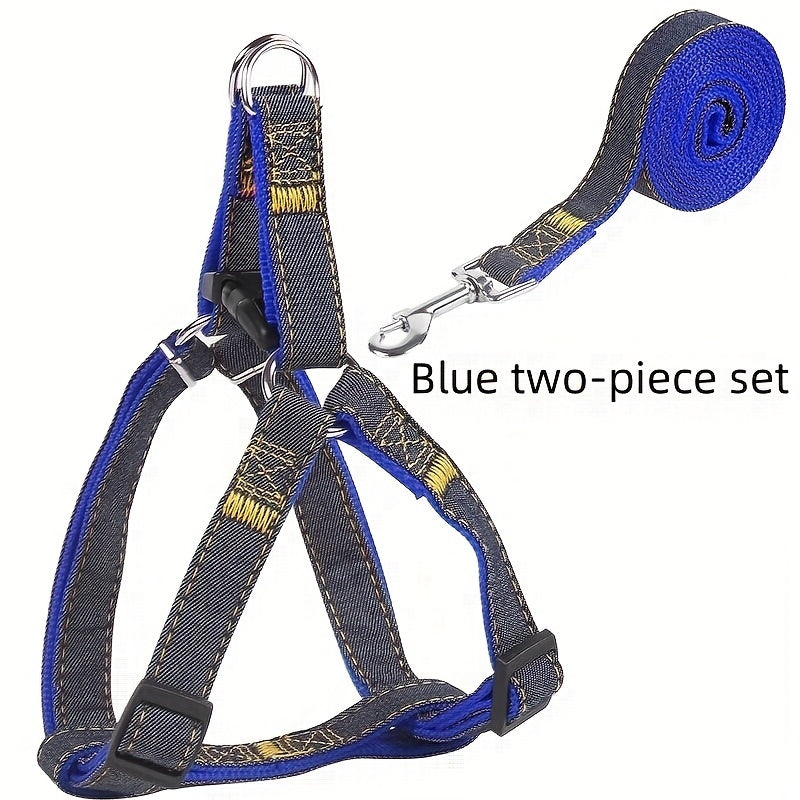 Adjustable Denim Dog Harness and Leash Set for Small to Large Breeds Polyester