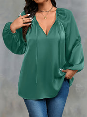 Plus Size Women's Green V-Neck Blouse with Ruffle Detail for Casual Wear
