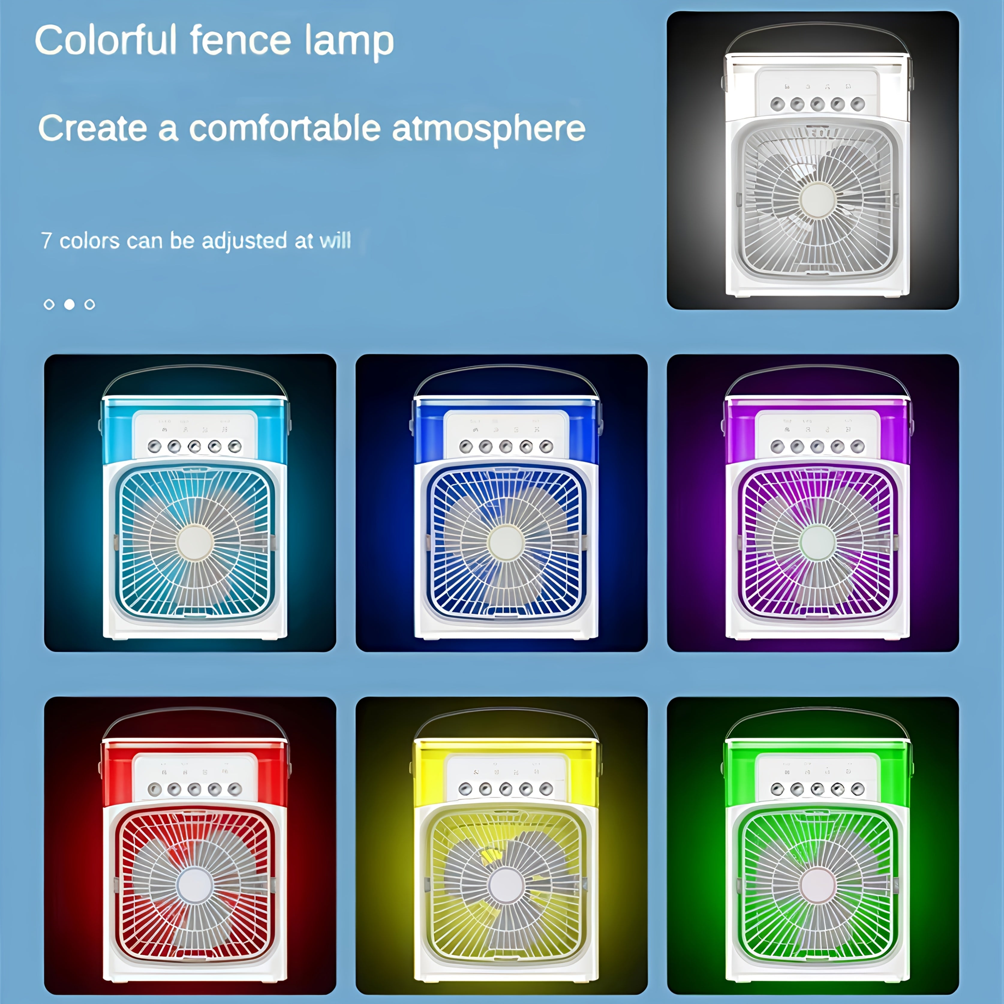 5-speed sozlamali portativ ventilyator, LED chiroq, 1200ml suv tanki, USB bilan ishlash, zamonaviy dizayn, tez sovutish uchun tugma boshqaruvi. Yotoqxona, ofis yoki ochiq havoda foydalanish uchun ideal. Ajoyib yoz sovgʻasi.