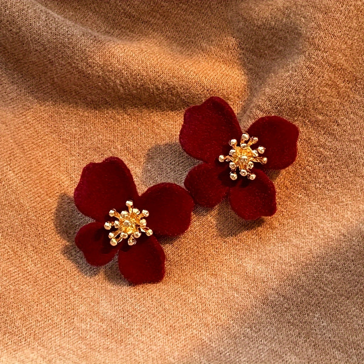 Women's Velvet Flower Earrings 14K Gold Plated Zinc Alloy Studs Versatile Jewelry