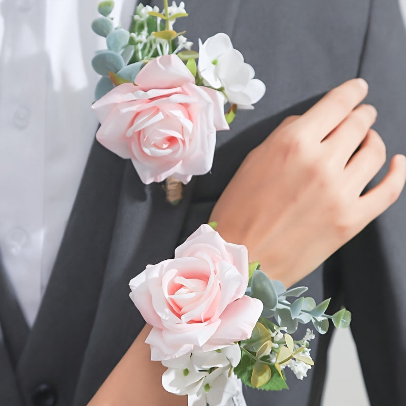 Set of 2 Bohemian Rose Flower Corsages and Wristlets for Weddings