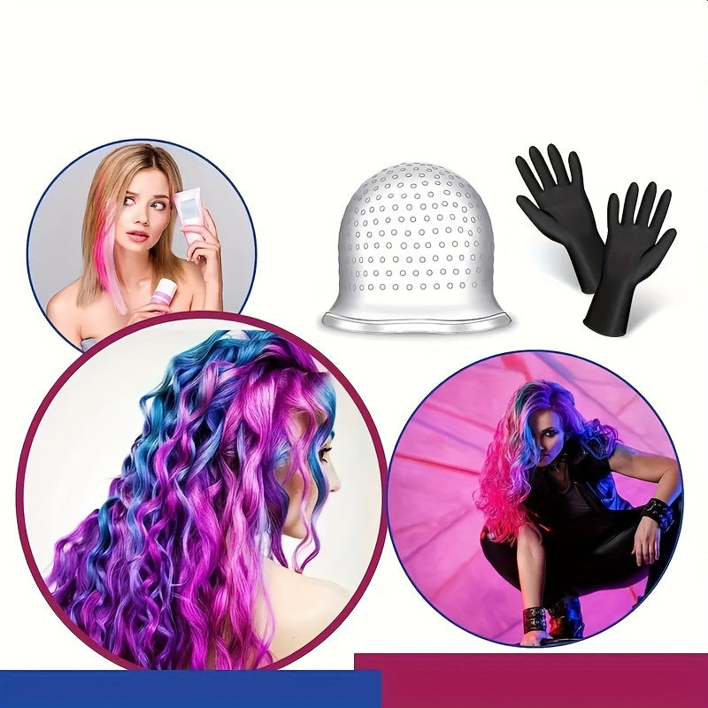 Reusable Hair Coloring Highlighting Cap with Metal Hook and Gloves for Normal Hair