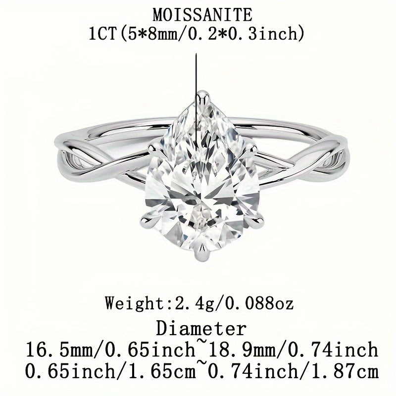 Ayollar uchun 1/2ct Pear Moissanite uzuk, Sterling Silver, taklif qilish va yubiley uchun