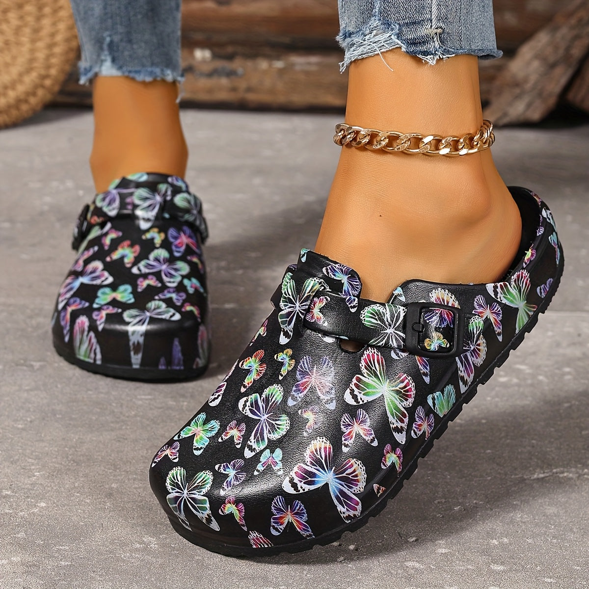 Women's EVA Sandals with Adjustable Straps Butterfly Print Breathable Flat Shoes