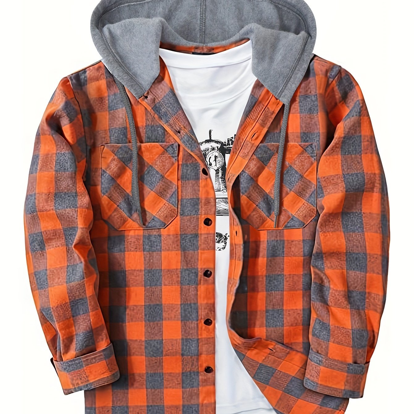 Men's Plaid Polyester Hooded Button-Up Jacket for Casual Sports Style