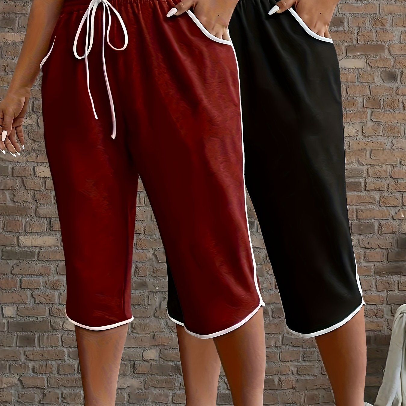 Plus Size Women's Solid Color Capri Pants 2-Pack Elastic Blend Casual Cropped