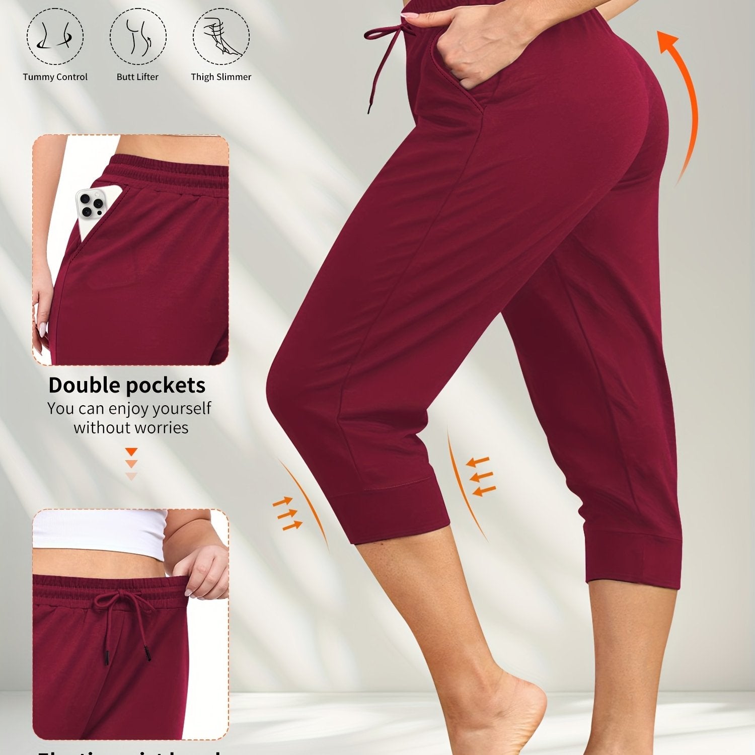 Plus Size Athletic Joggers With Pockets, High Elasticity, Non-See-Through