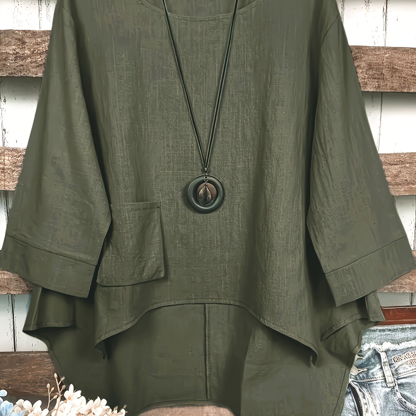 Блузка с асимметричным подолом из хлопкового микса, с круглым вырезом и карманом, для всех сезонов