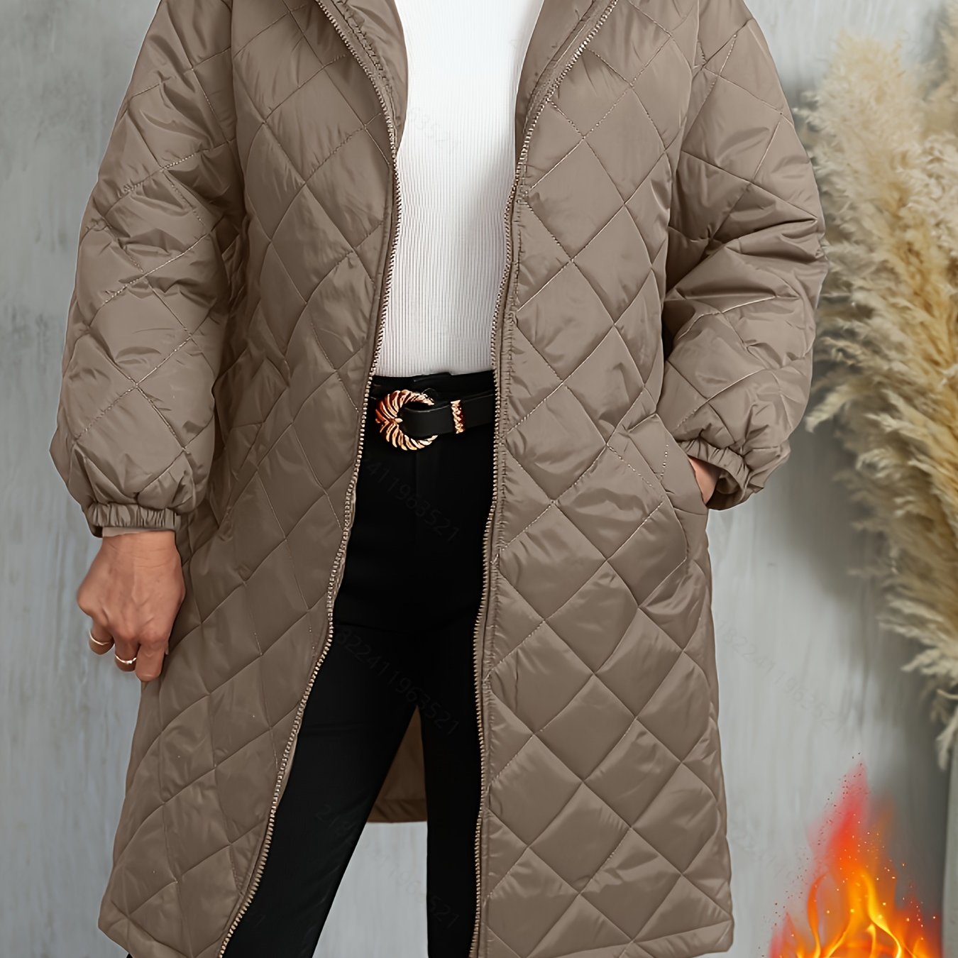 Plus Size Women's Quilted Hooded Coat for Fall Winter Solid Zip Up Outerwear