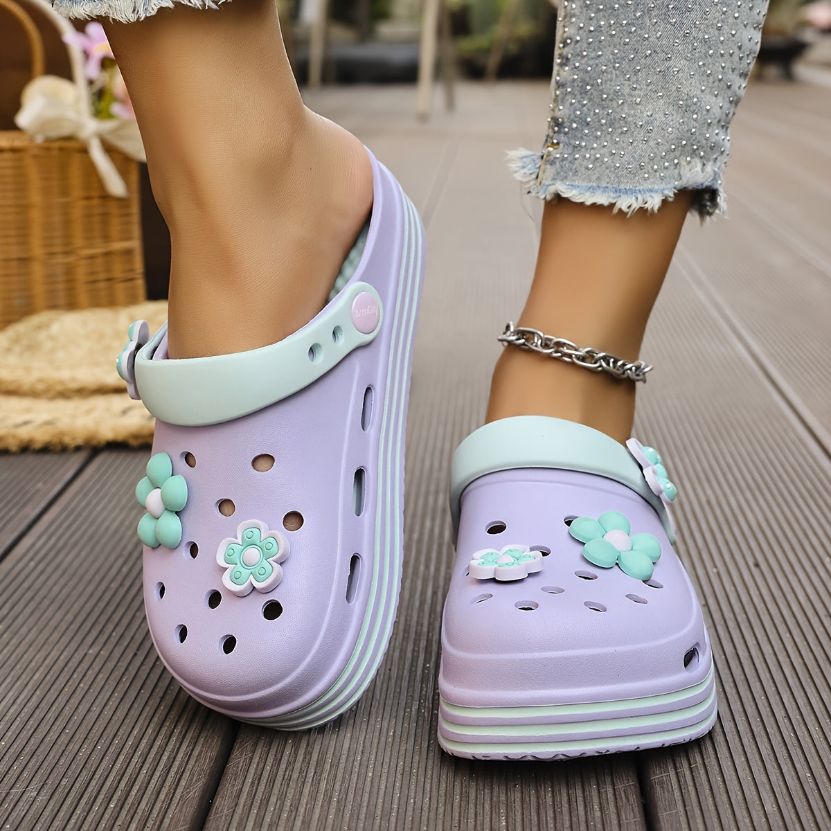 Women's Light Blue Floral Clogs with Thick Platform Breathable EVA