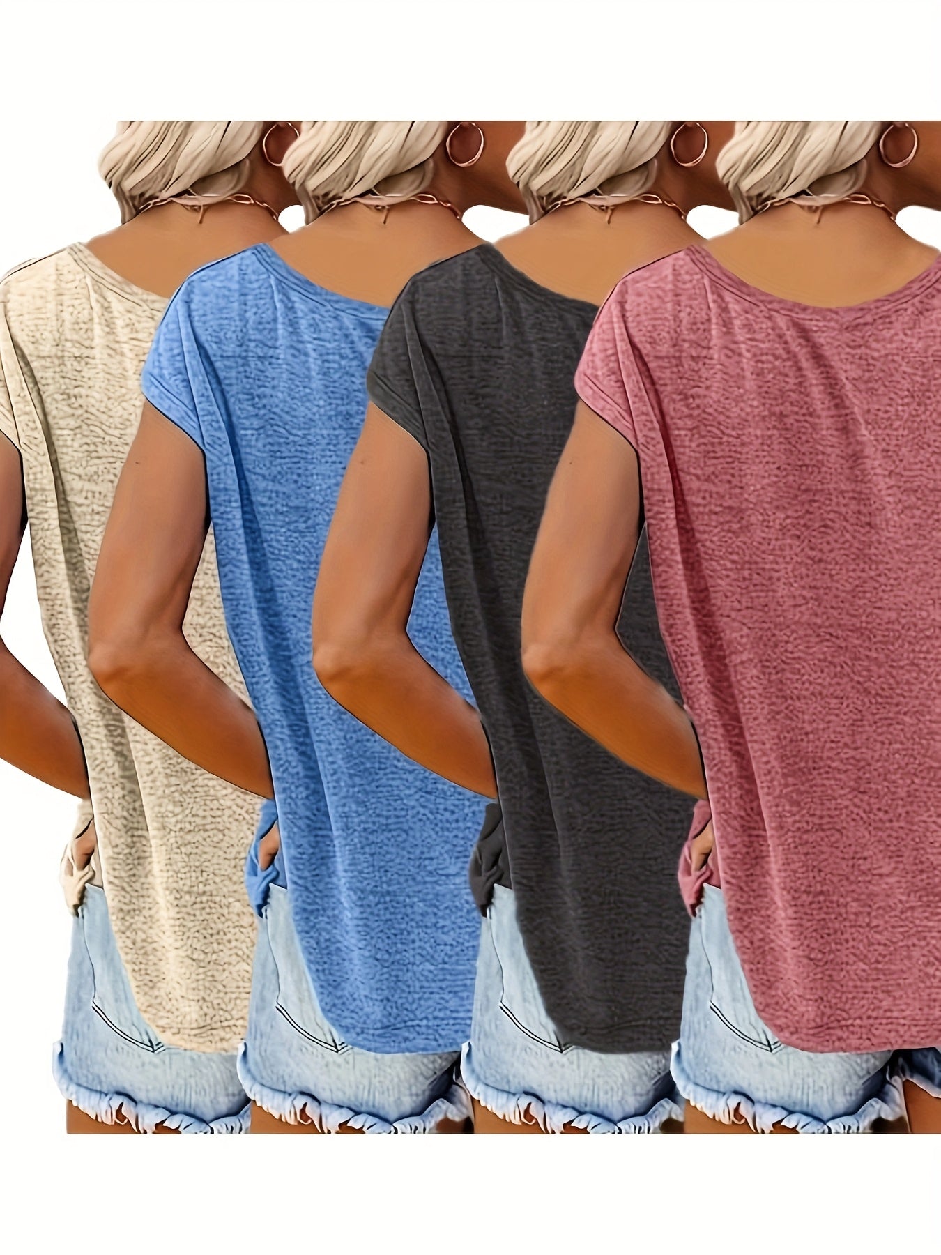Camisetas de manga corta con escote en V para mujer, pack de 4, tops casuales de verano, rosa, negro, azul, beige