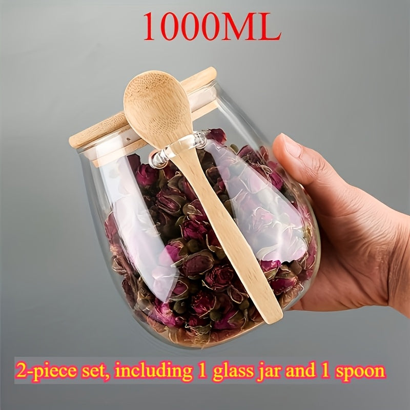 Set of 2 Glass Jars with Wooden Lids and Spoons for Coffee Tea Spices