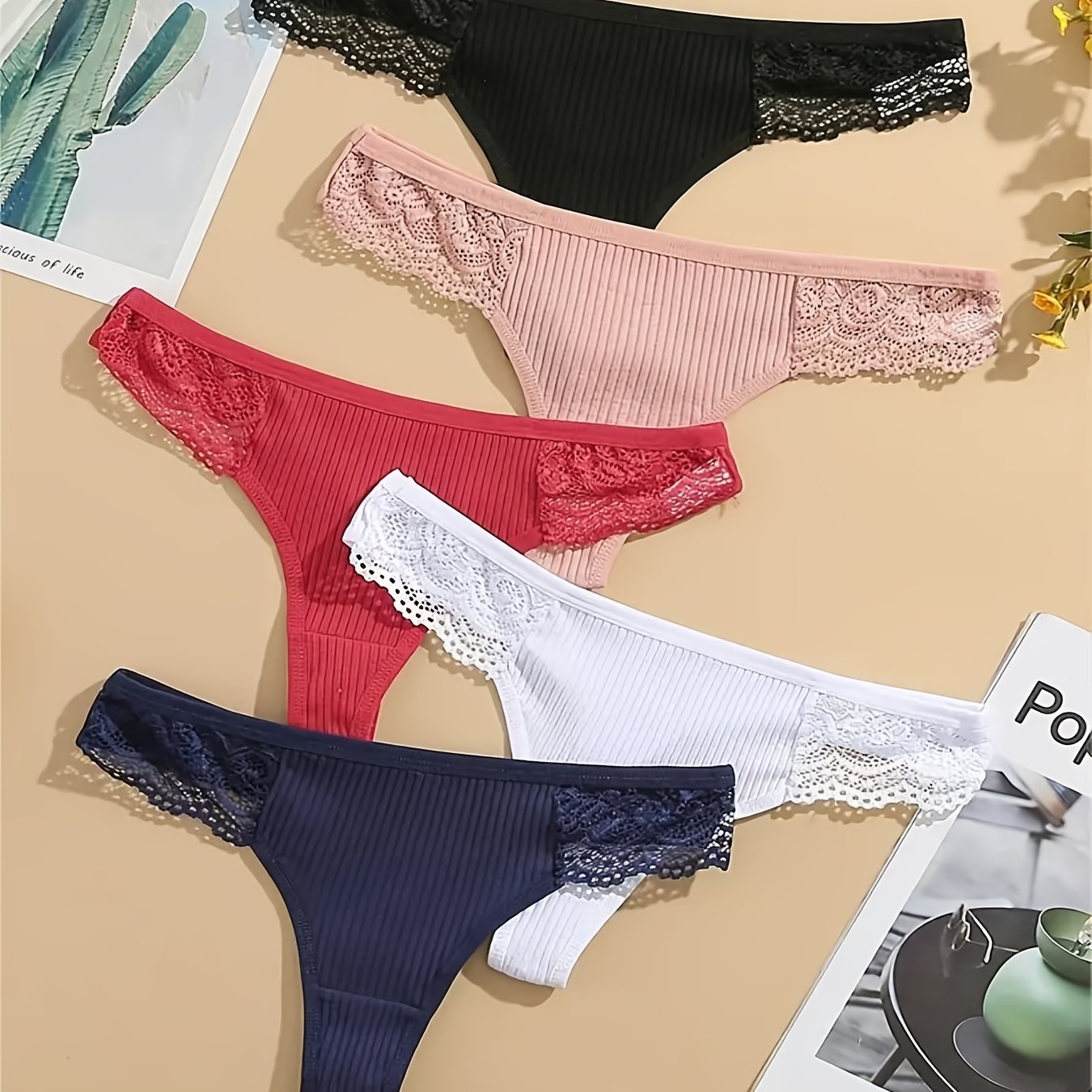 Women's Lace Thongs 5-Pack Low Waist Ribbed Cotton Underwear Solid Color