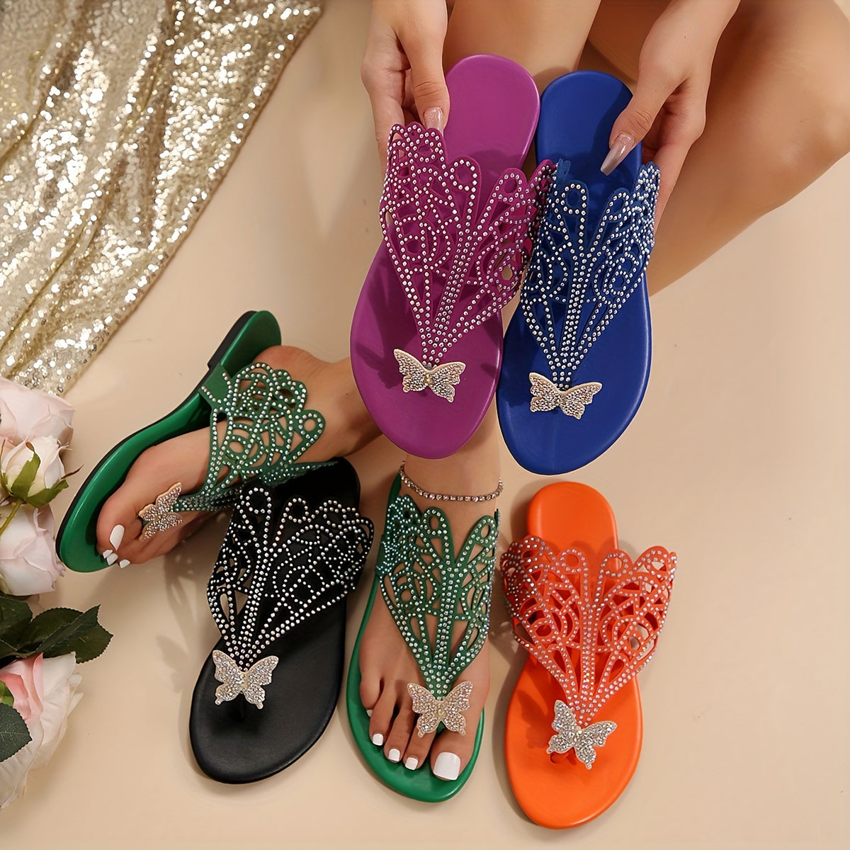 Women's Bohemian Glitter Rhinestone Slide Sandals for Beach and Casual Wear