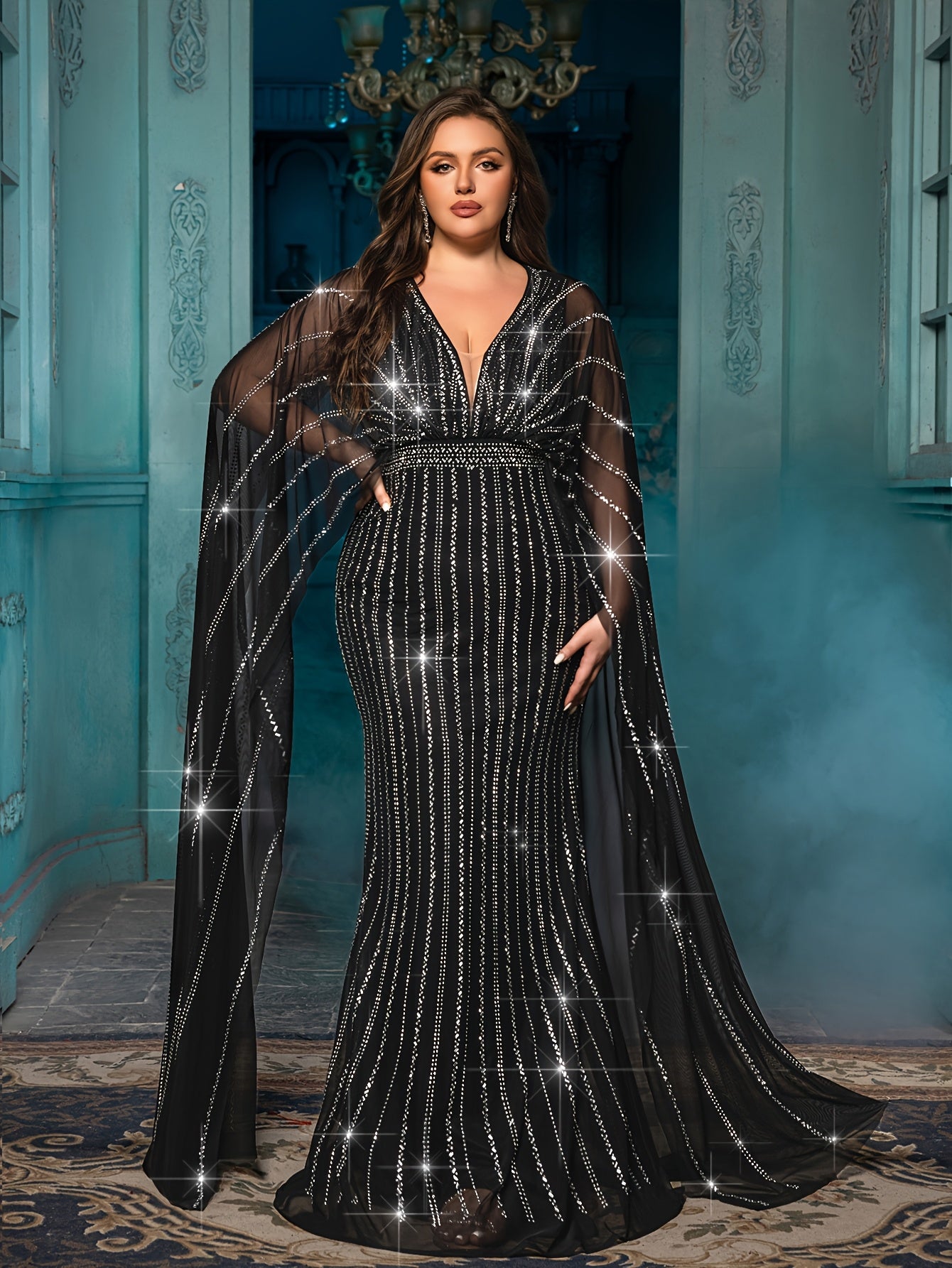 Plus Size Black Evening Dress Rhinestones Puff Sleeves Bow Neckline