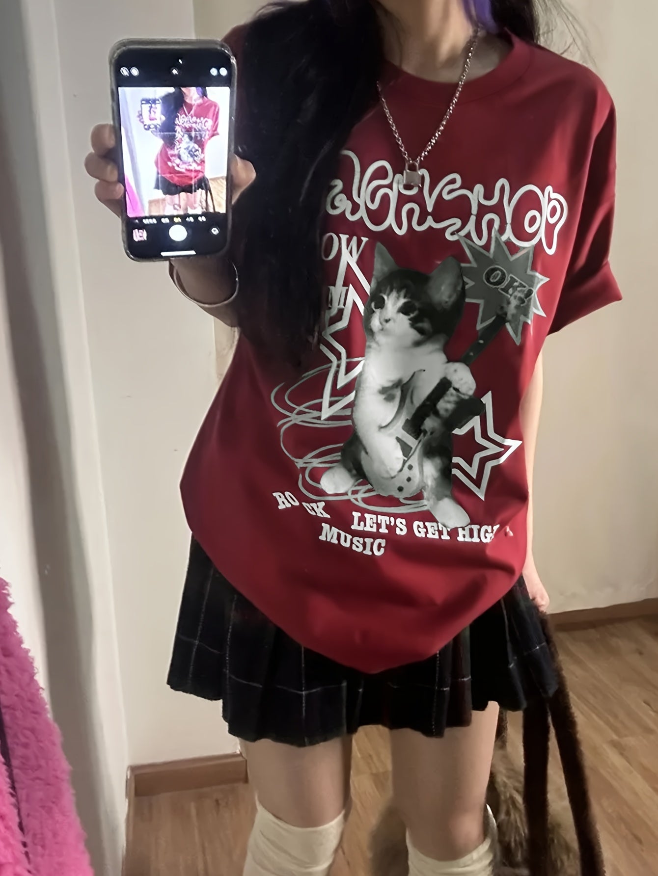 Women's Y2K Maroon Graphic T-Shirt with Black Cat and Artistic Lettering