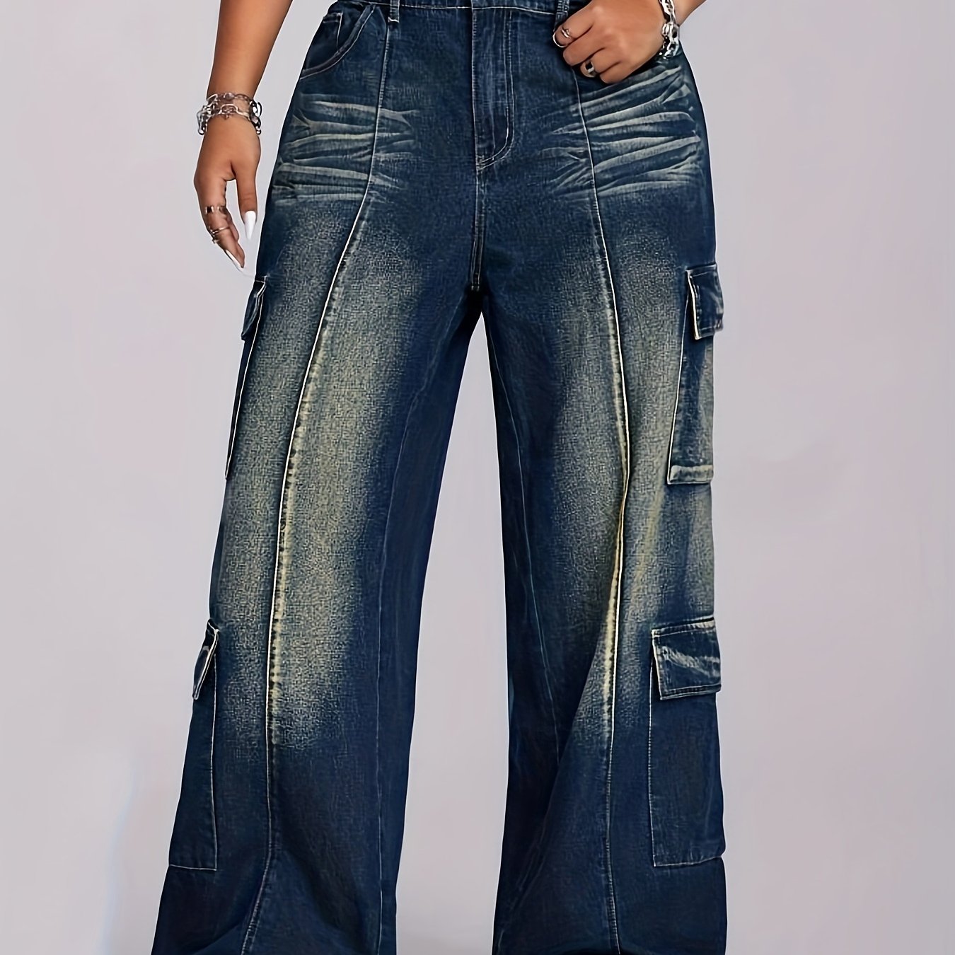 Plus Size Cargo Jeans Relaxed Fit Wide-Leg Denim Pants Casual All-Season