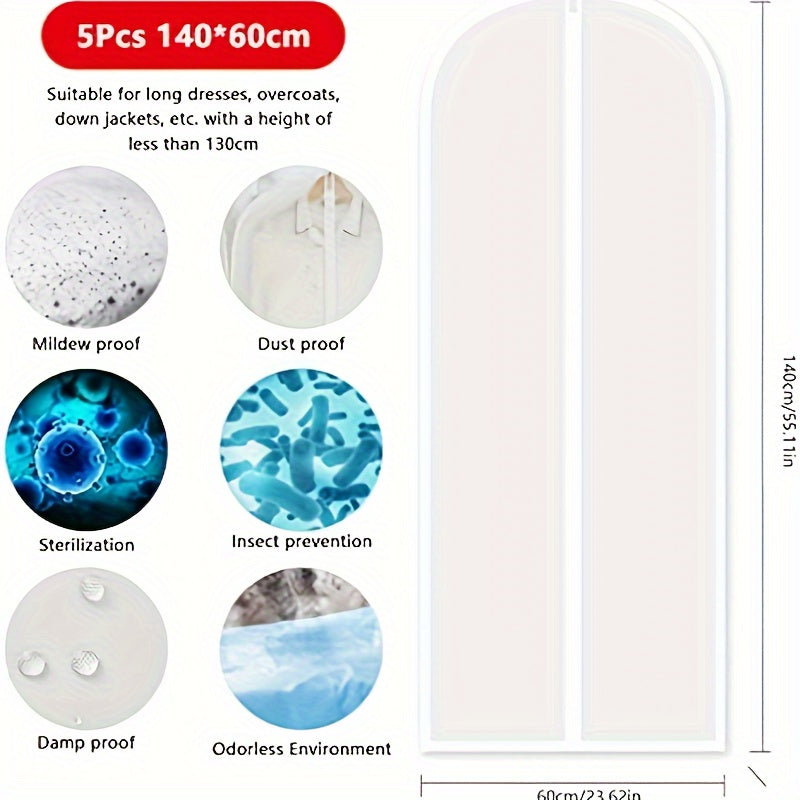 Juego de 5 bolsas impermeables para prendas de vestir para trajes, vestidos con cremalleras, protección contra polvo y polillas, 60cm x 140cm
