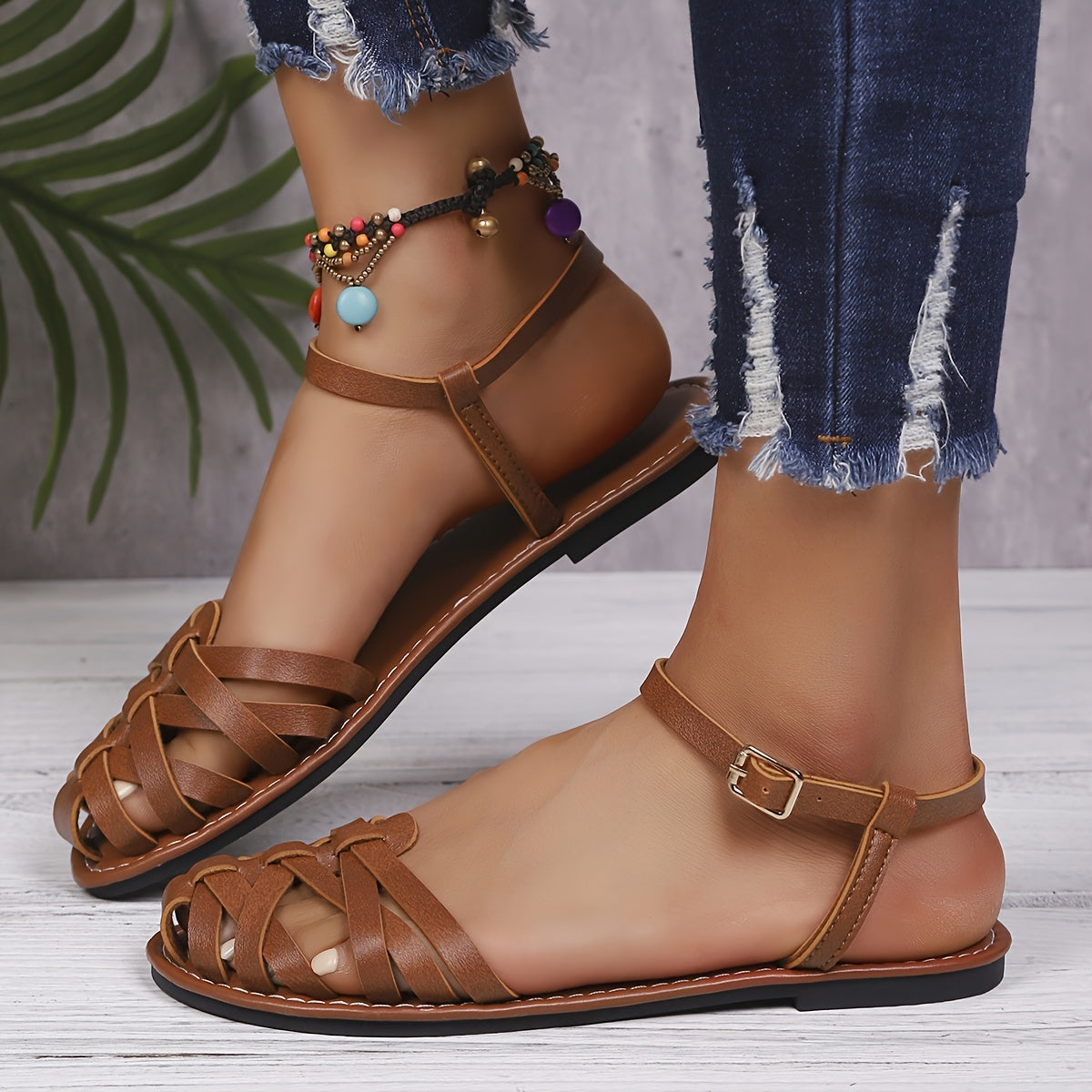 Women's Summer Woven Leather Casual Roman Sandals