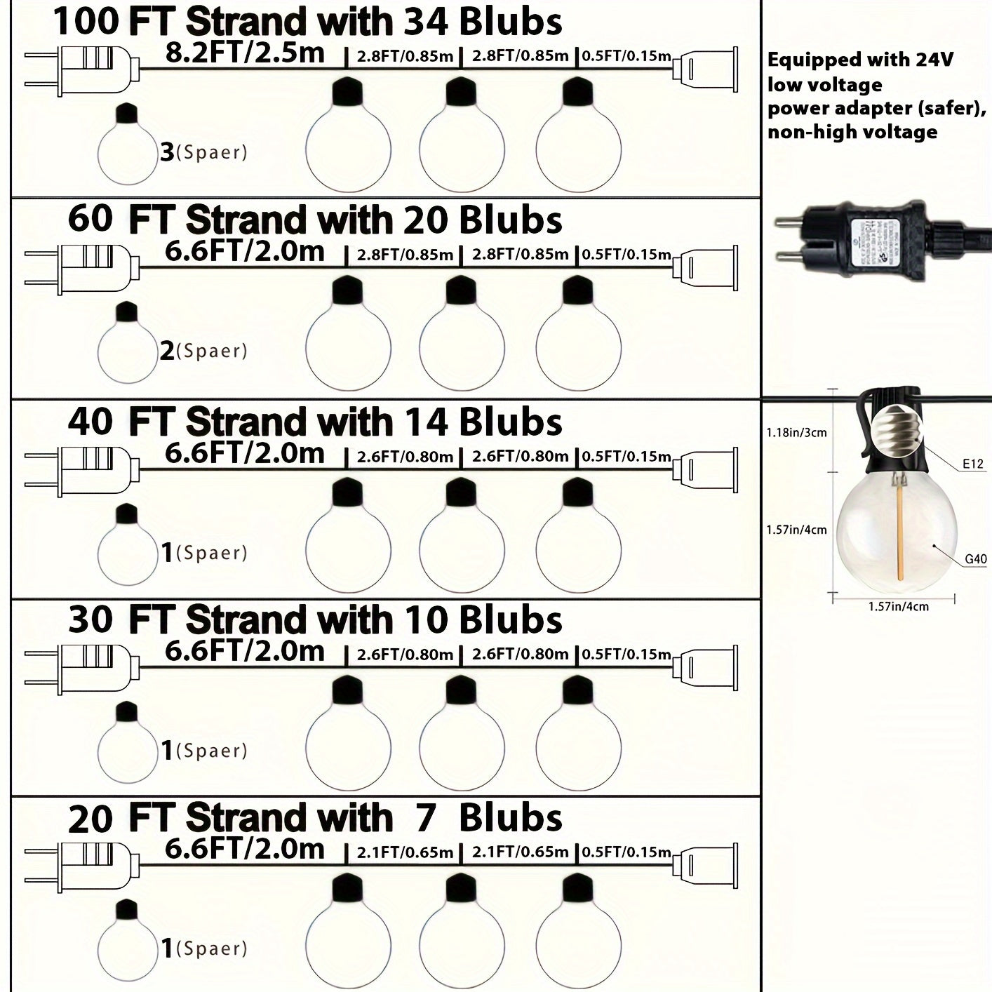 LED G40 String Lights Outdoor Weather-Resistant 24V Low Voltage Patio Wedding Decor