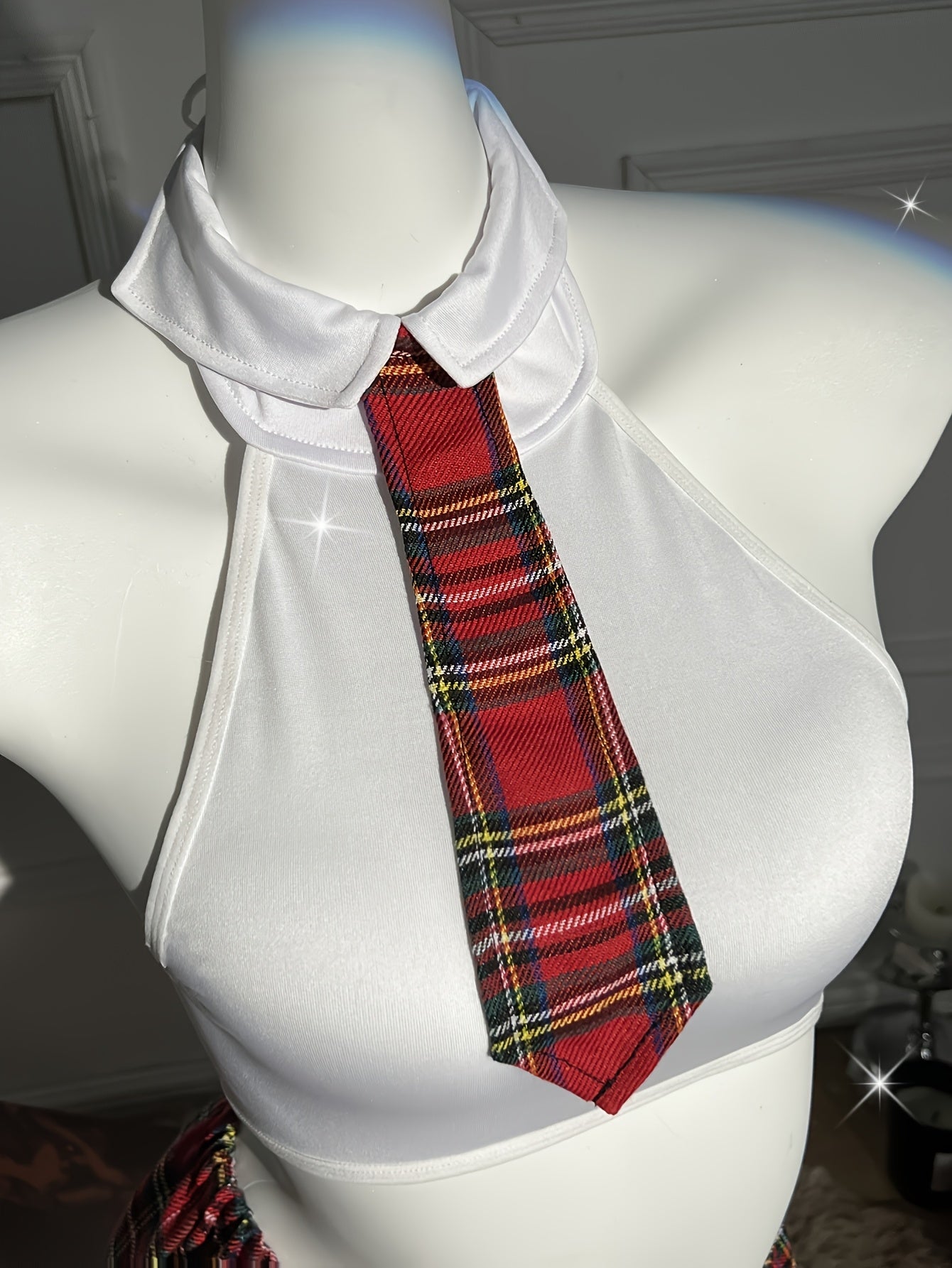 Women’s Plaid Lingerie Set with Crop Top Tie Thong and Skirt