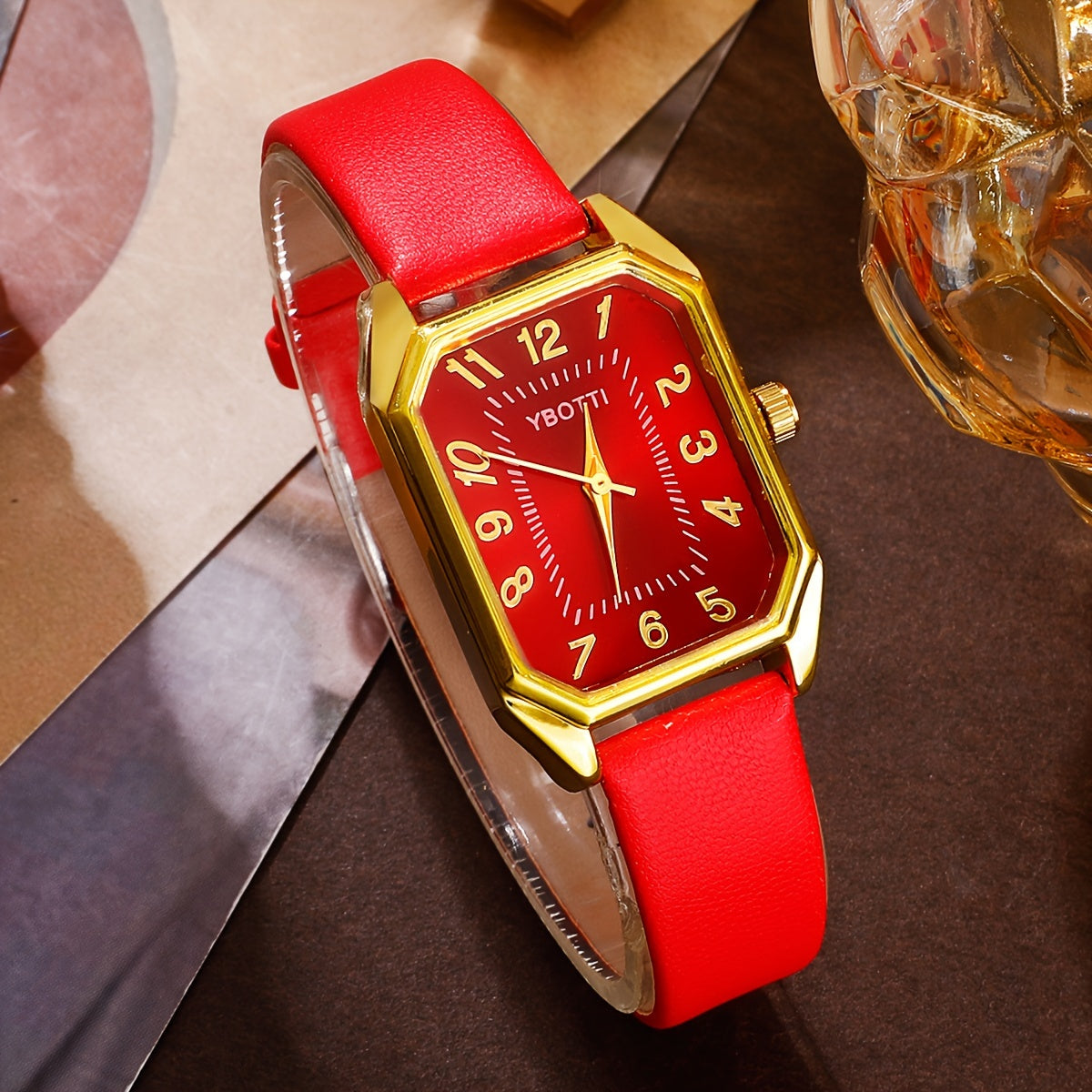 Women's Quartz Watch and Jewelry Set with Rhinestone Accents Rectangle Case PU Leather Band Analog Display Non-Rechargeable Battery