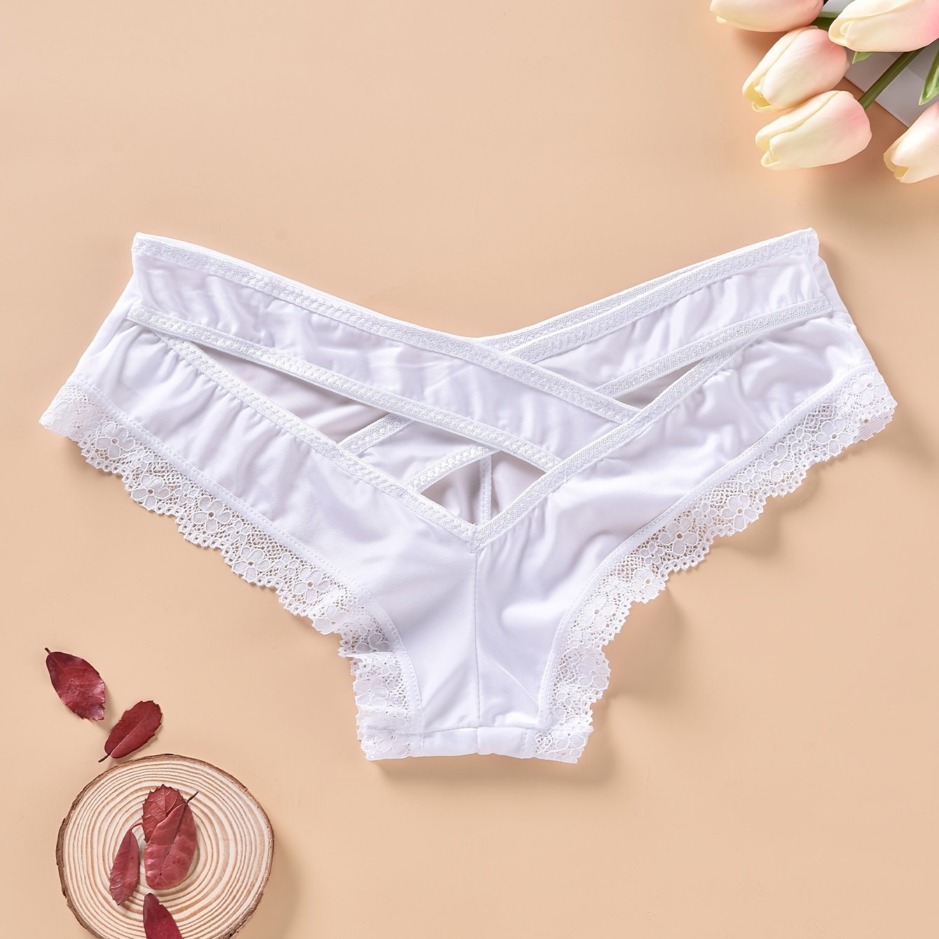 Women's Lace Trim Hipster Panties with Cross Hollow Out Breathable Underwear