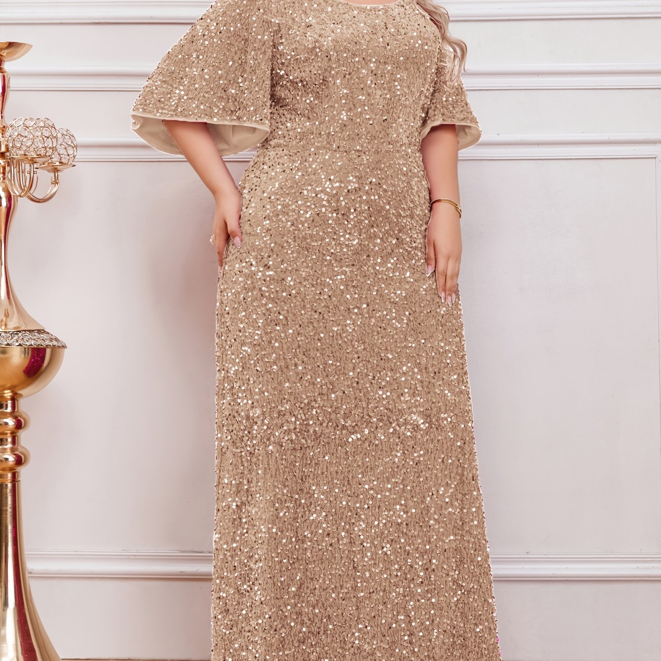 Plus Size Sequin Maxi Dress with Ruffle Sleeves for Weddings and Formal Events