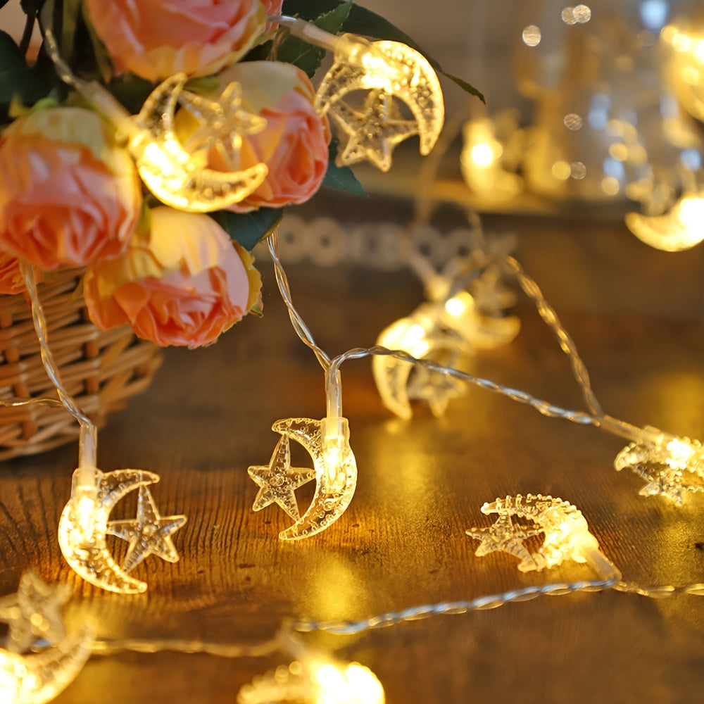 Battery Operated LED String Lights with Star and Moon Design for Indoor Decor Weddings Parties Ramadan Eid