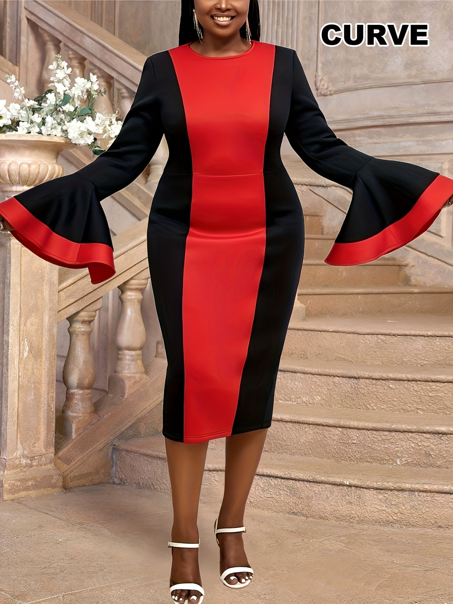 Women's Color Block Midi Dress with Flared Sleeves and High Slit