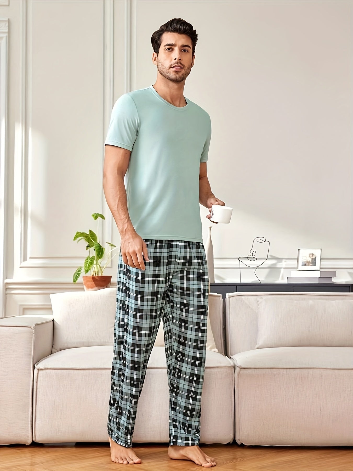 Men's Casual Plaid Pajama Set Polyester Crew Neck Short Sleeve Top and Long Pants