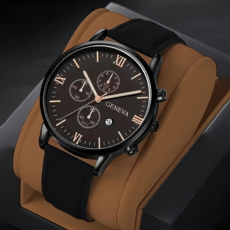 Men's Quartz Watch with Date Function Circular Dial Synthetic Leather Band Roman Numerals