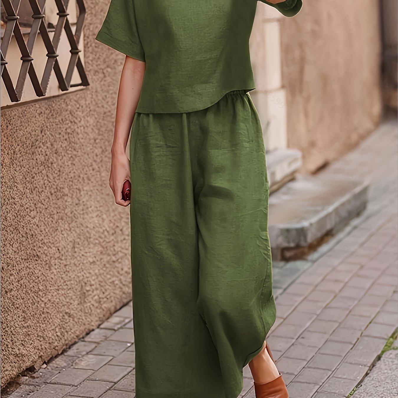 Women's Casual Solid Polyester Crew Neck T-Shirt and Wide Leg Pants Set