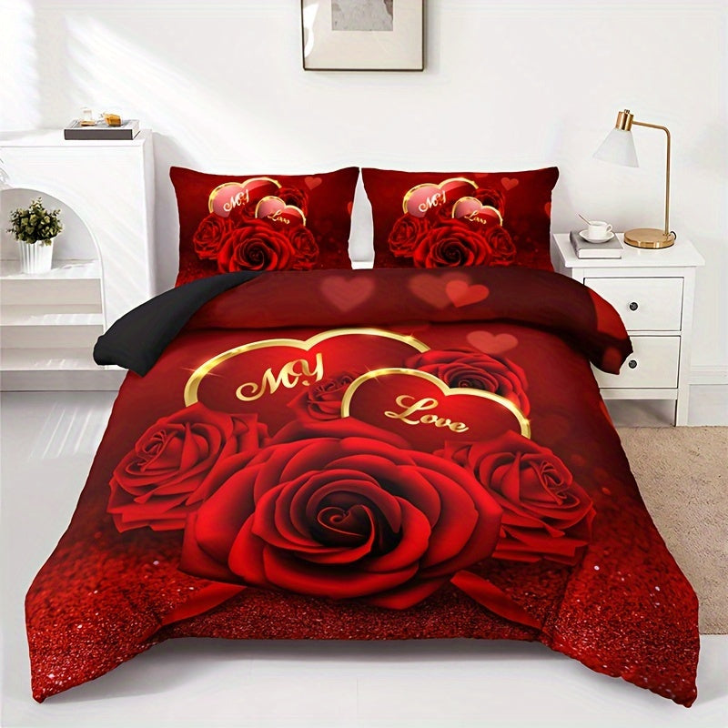 Conjunto de ropa de cama con funda nórdica de flores de rosas rojas románticas de 3 piezas con impresión HD para el Día de San Valentín