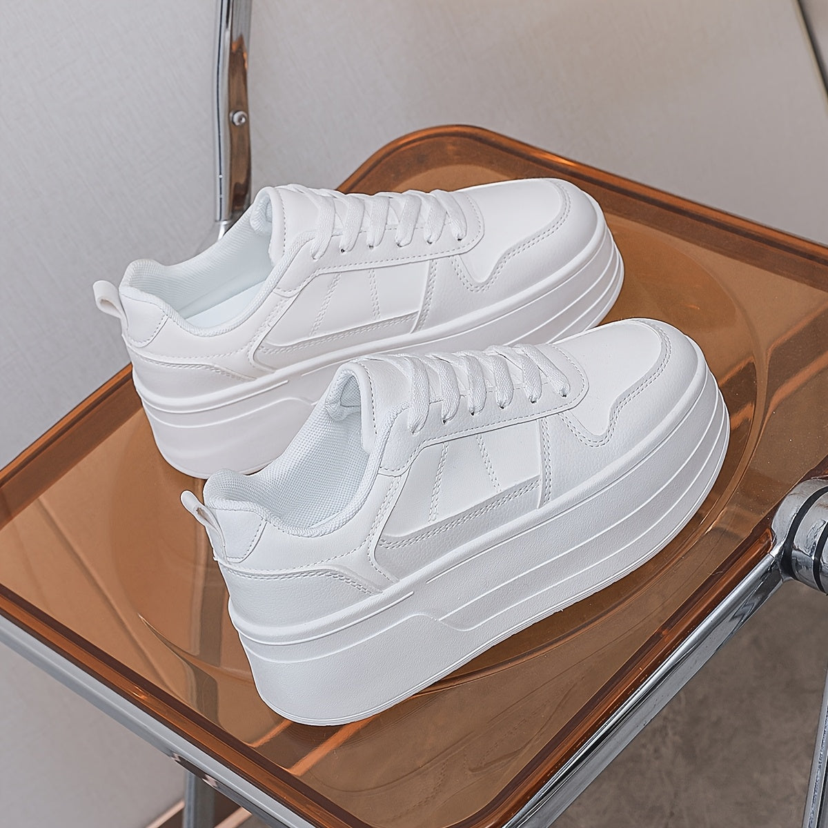Women's White Platform Sneakers - Lace-Up, Casual Low Top with TPR Sole