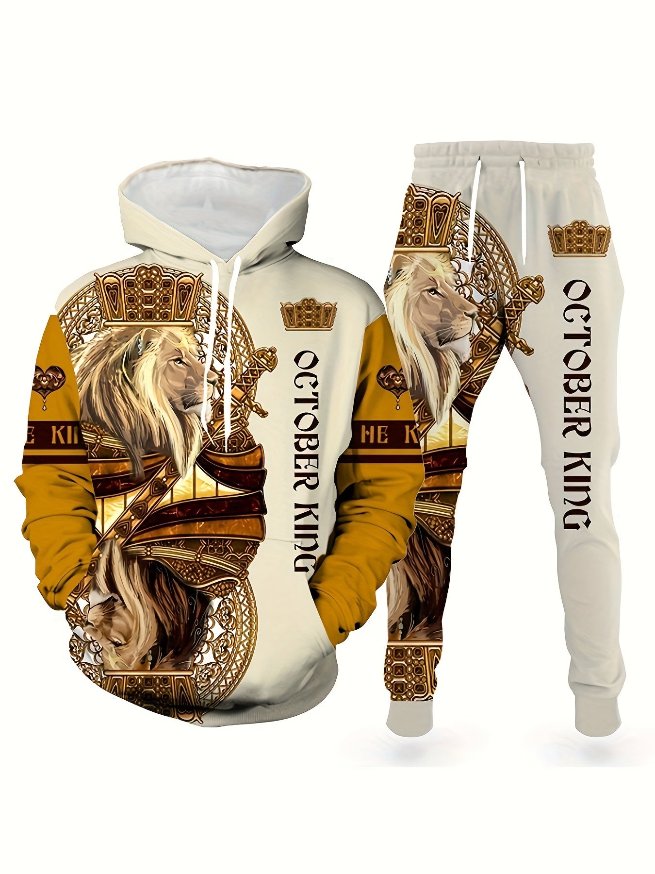 Men's Autumn Lion Pattern Knit Polyester Hooded Pajama Set