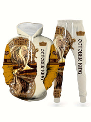 Men's Autumn Lion Pattern Knit Polyester Hooded Pajama Set