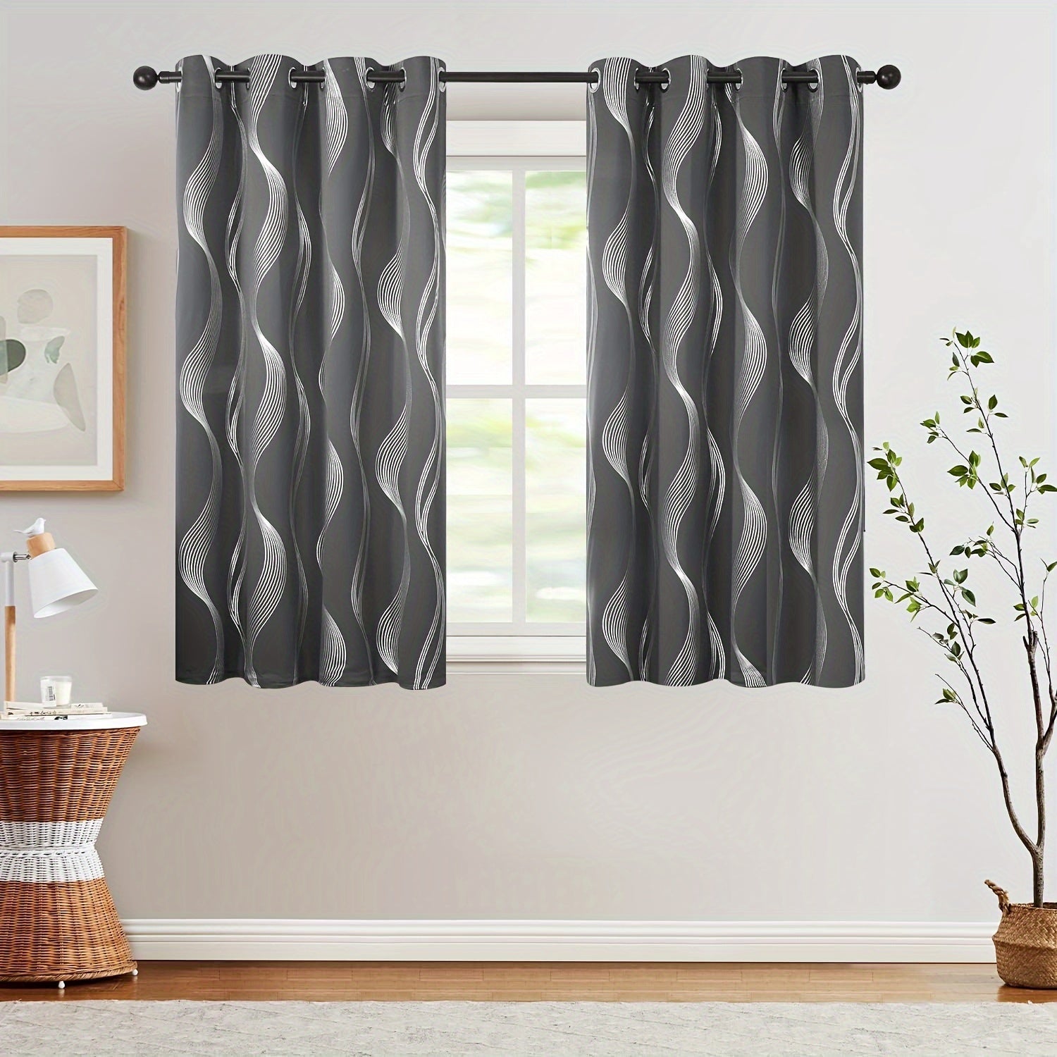 Contemporary Blackout Curtains 2 Pieces Woven Polyester Grommet Top Room Darkening