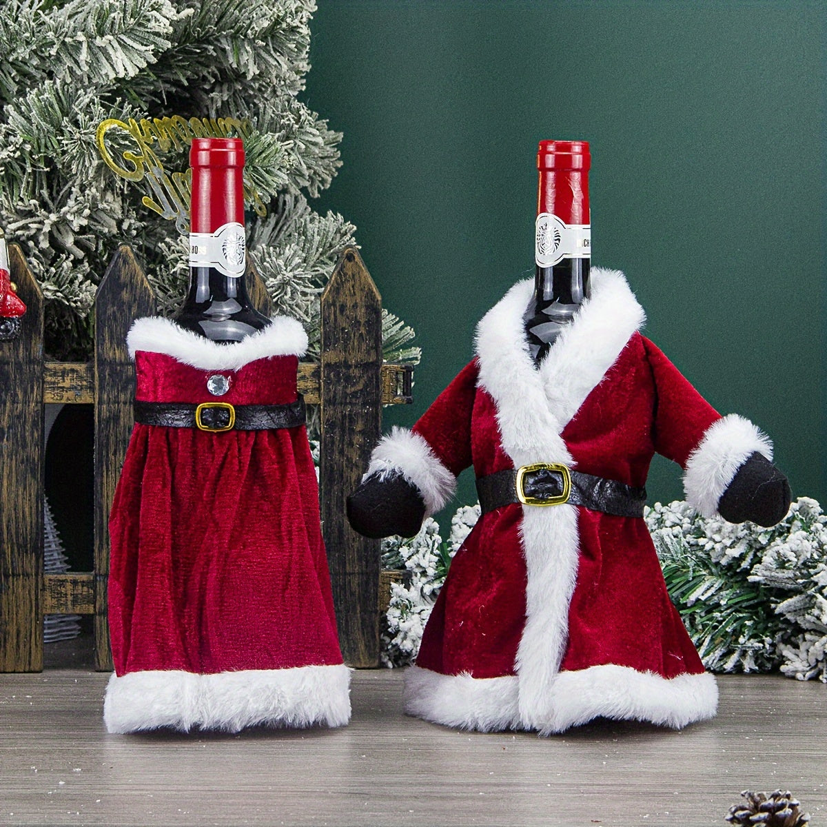 Set of 2 Festive Christmas Wine Bottle Covers with Sequined Attire Plush Hats Leak-Proof Sweater