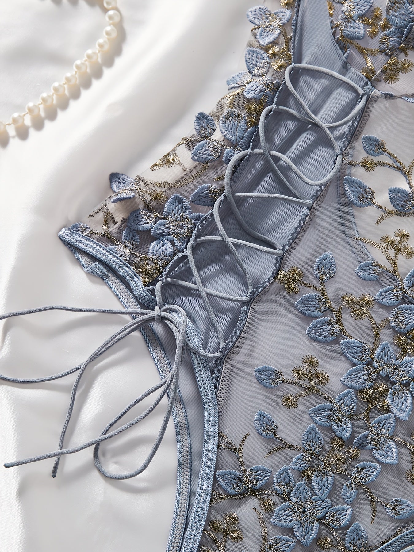 Floral Embroidered Bodysuit with Belt for Women