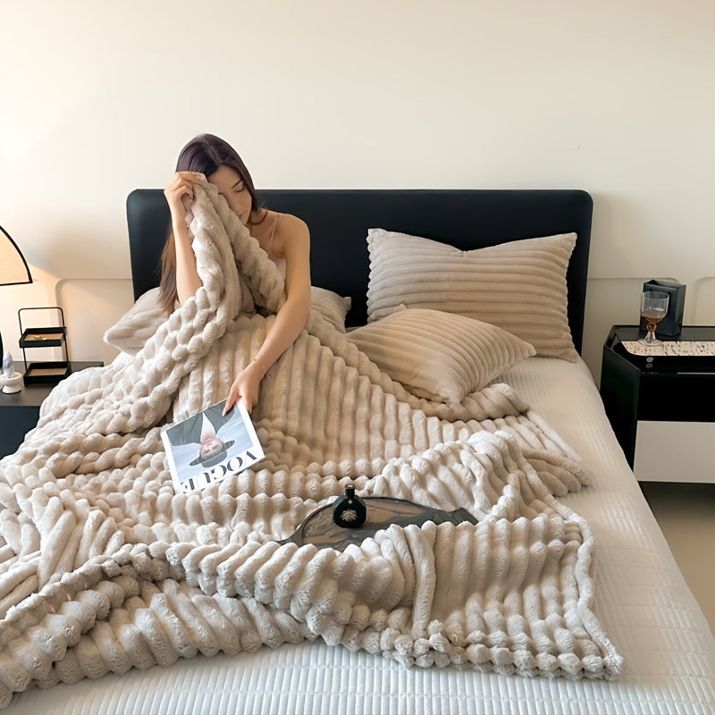 Reversible Polyester Knit Blanket with Stripes for All Seasons Machine Washable Cozy and Anti-Freeze 250-300gsm