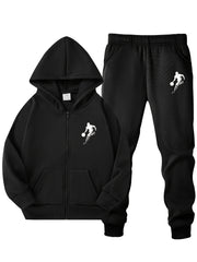 Boys' Black Basketball Print Hoodie and Jogger Set Polyester Zip Pockets Casual Sports Outdoor