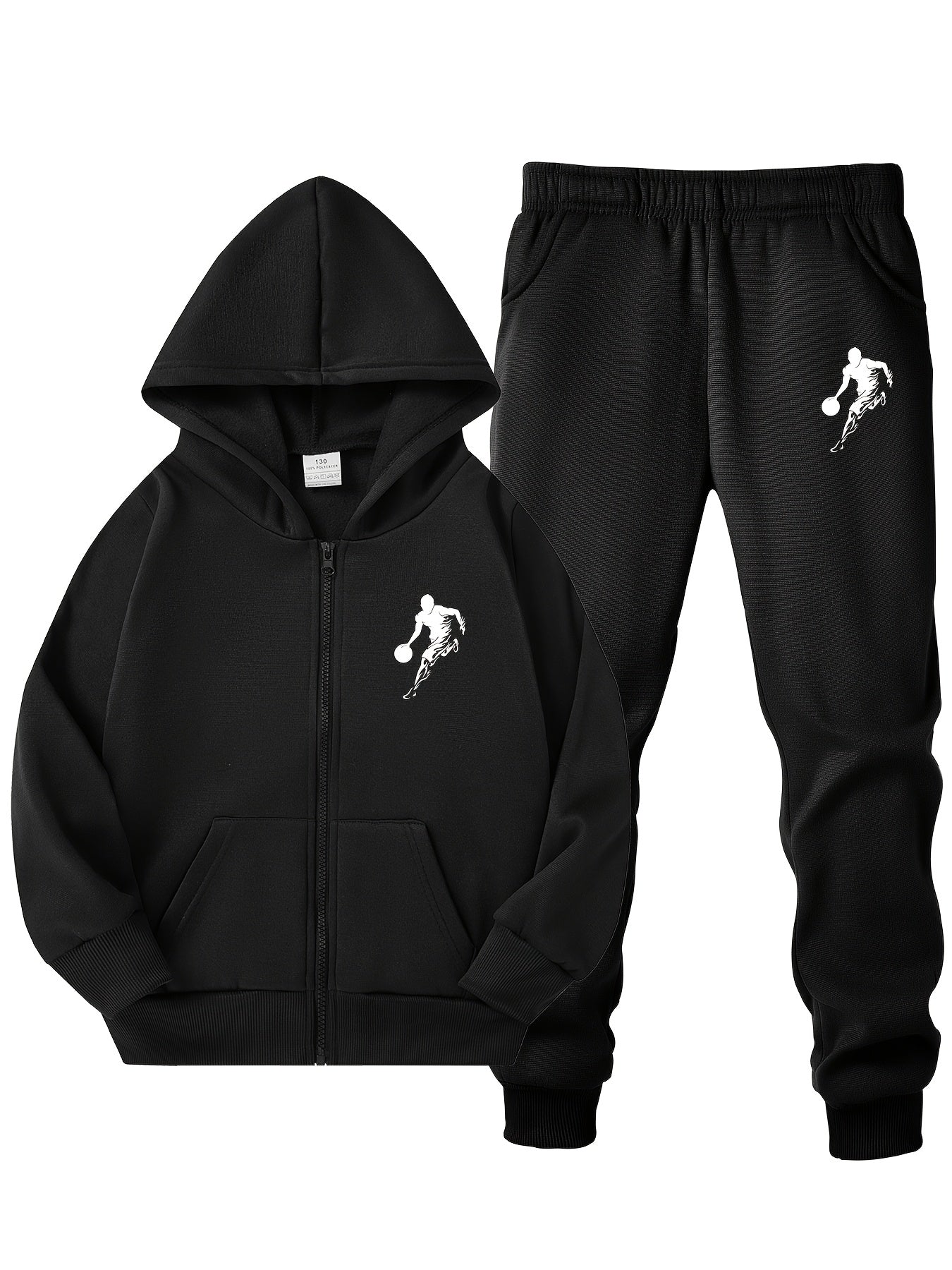 Boys' Black Basketball Print Hoodie and Jogger Set Polyester Zip Pockets Casual Sports Outdoor